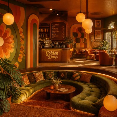 cozy cafe interior with warm lighting