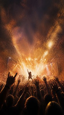 a live music scene with a glowing stage and silhouetted crowd, energetic vertical composition with open space at the top, no text