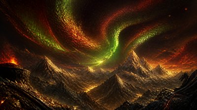 a flowing aurora over snowy peaks, wide sweeping composition, no people, no text