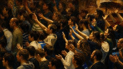 a painting of a crowd of people with their hands in the air