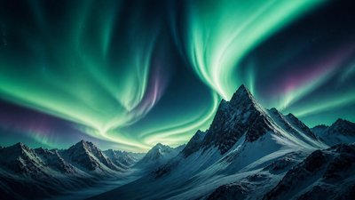 a flowing aurora over snowy peaks, wide sweeping composition, no people, no text