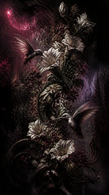 a climbing vine of flowers and hummingbirds on a dark background, tall wrapping composition, no text
