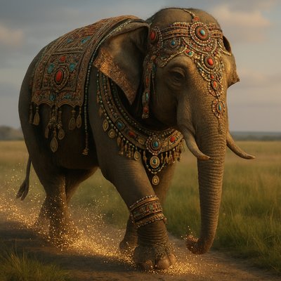 Hyper-realistic Asian Elephant in an open grassland, leaving a shimmering trail of glittering sparkles where it goes, extreme detail, photorealistic, cinematic lighting
