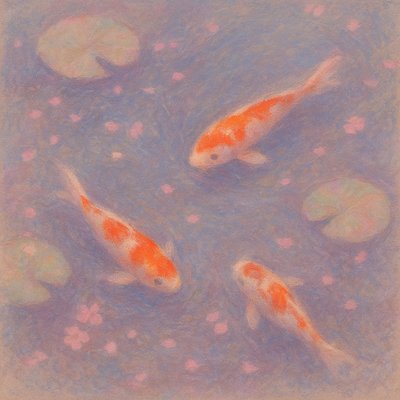 A koi pond seen from above, orange and white koi fish swimming among lily pads, clear water with subtle ripples, fallen cherry blossom petals floating on the surface, dappled sunlight