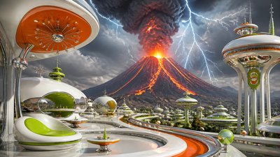 an erupting volcano with lightning strikes, dramatic wide composition, no text
