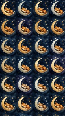 a sleeping baby fox curled on a crescent moon among soft stars, gentle and warm, no text