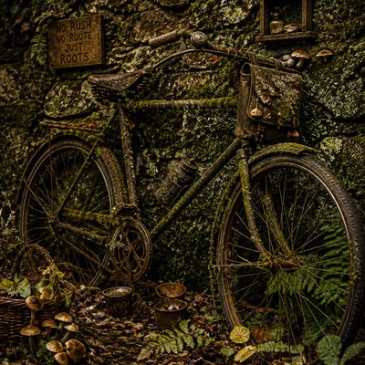 bicyle resting against a wall