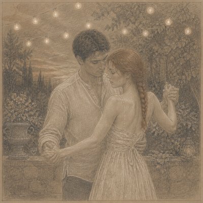 an original couple dancing under string lights in a garden at dusk: a man with short black hair in a linen shirt and a woman with braided red hair in a summer dress