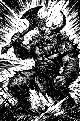 a black and white drawing of a viking holding an axe