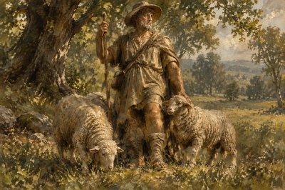 a painting of a man with two sheep