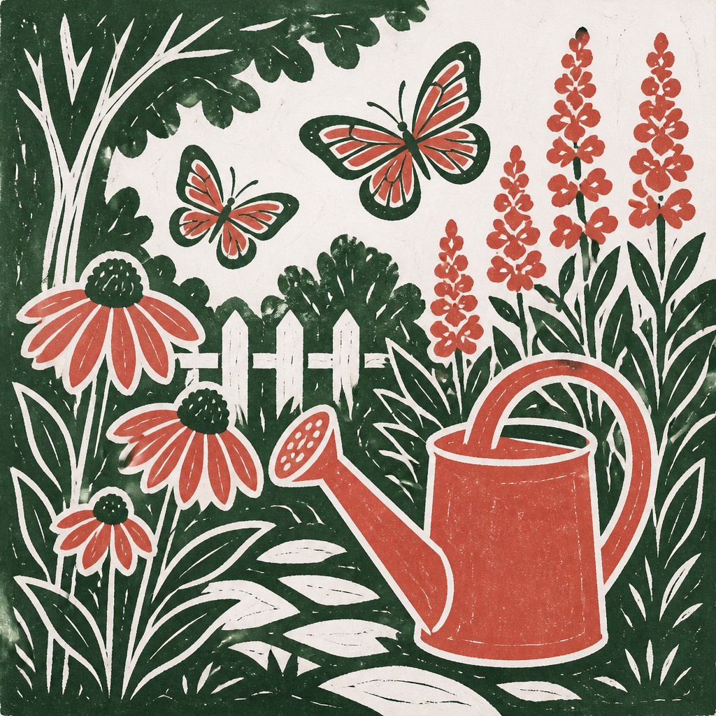 a garden scene with butterflies, flowers and a watering can, clean uncolored line art, no text