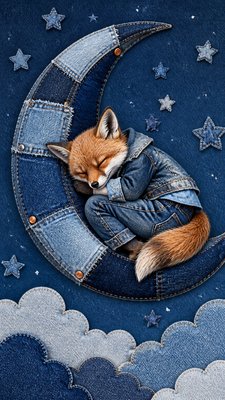 a sleeping baby fox curled on a crescent moon among soft stars, gentle and warm, no text