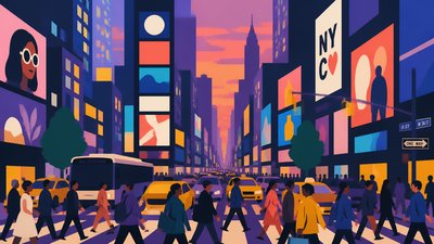 bustling city street panorama at dusk
