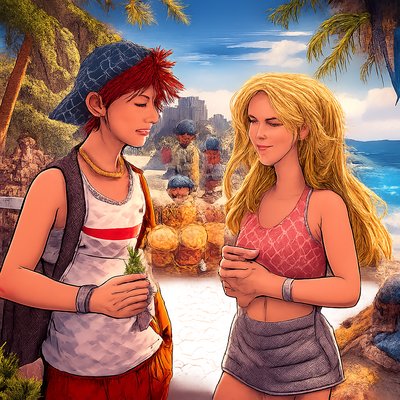 A male caucasian teen meets a female caucasian teen at a beach party with friends on a beautiful tropical beach