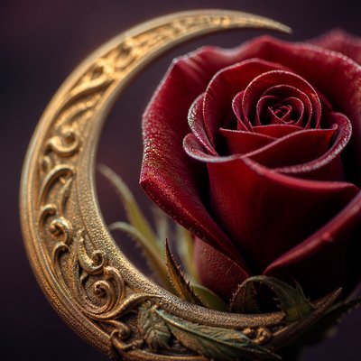 a rose entwined with a crescent moon, clean balanced composition on a plain background, no text