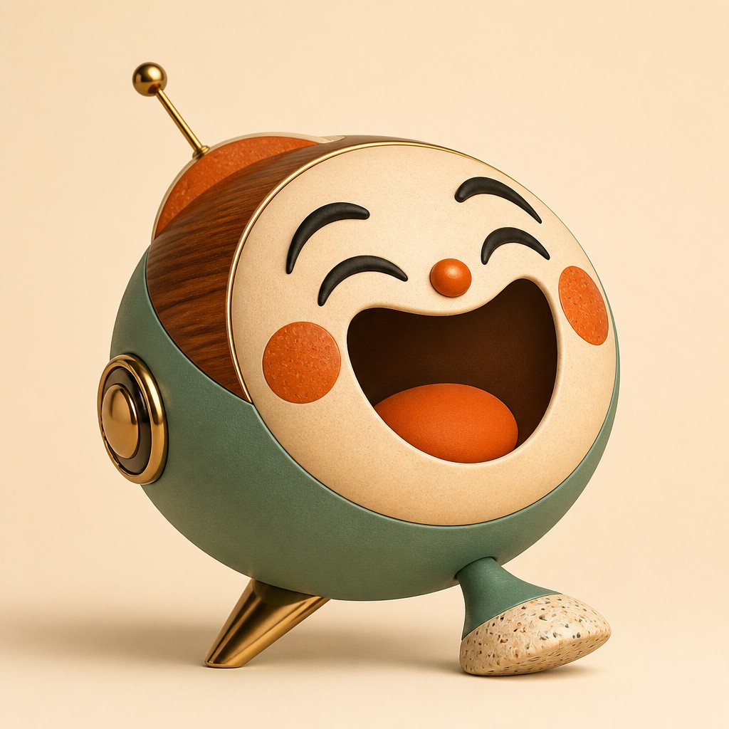 an exaggerated laughing face of an original round mascot character, bold and readable at small size, plain background, no text