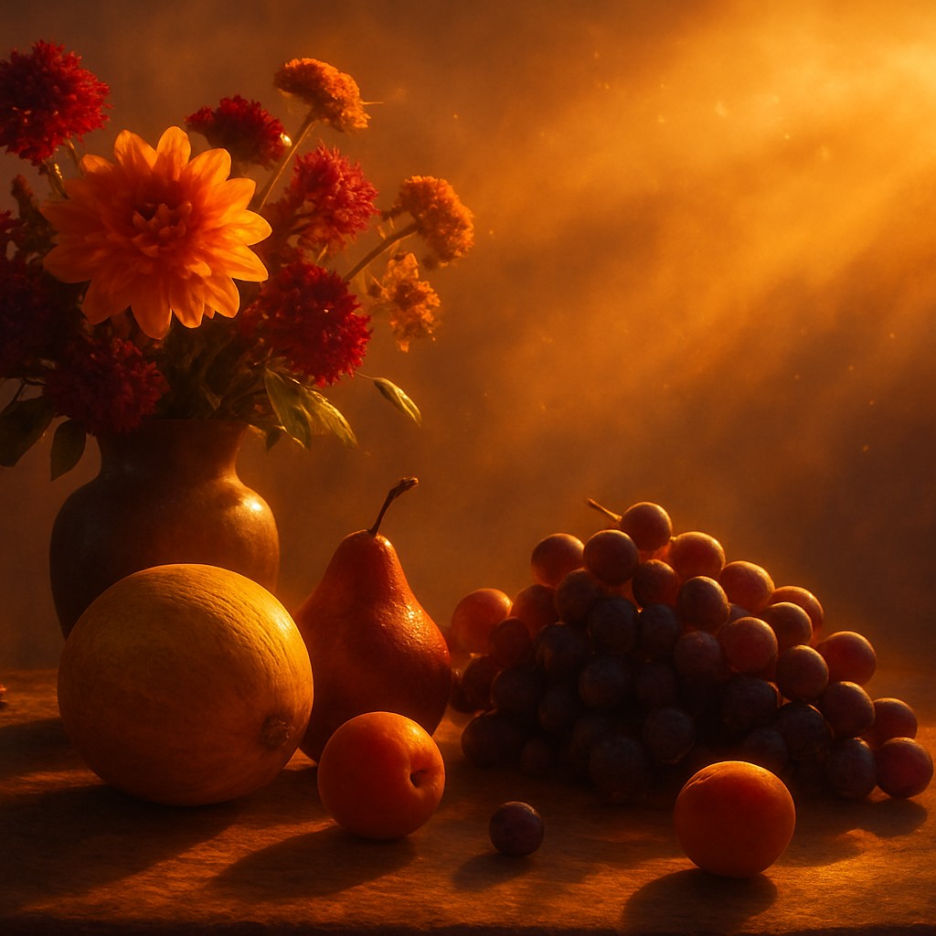 still life arrangement of fruits and flowers
