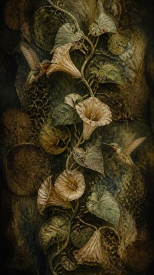 a climbing vine of flowers and hummingbirds on a dark background, tall wrapping composition, no text