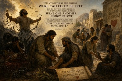 Galatians 5:13-14
13 You, my brothers and sisters, were called to be free. But do not use your freedom to indulge the flesh[a]; rather, serve one another humbly in love. 14 For the entire law is fulfilled in keeping this one command: “Love your neighbor as yourself.