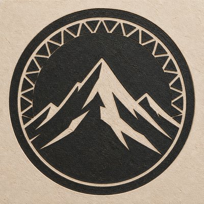 an emblem of a mountain peak inside a circle, simple bold shapes on a plain background, no text or lettering