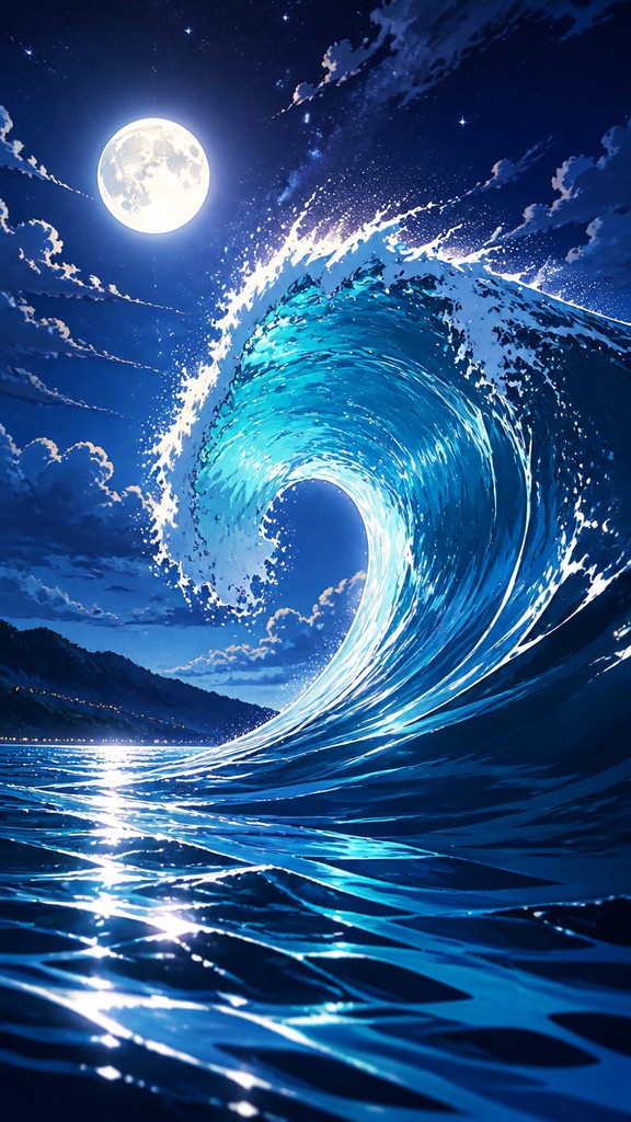 an ocean wave curling under moonlight, no people