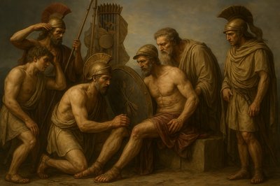 a painting of a group of men standing next to each other