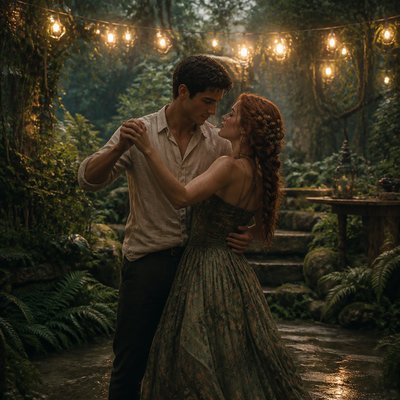 an original couple dancing under string lights in a garden at dusk: a man with short black hair in a linen shirt and a woman with braided red hair in a summer dress