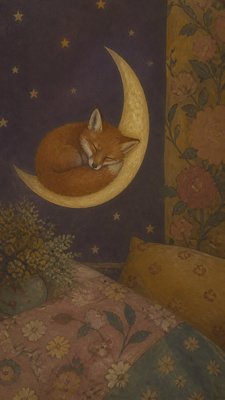 a sleeping baby fox curled on a crescent moon among soft stars, gentle and warm, no text