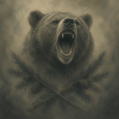 a roaring bear head above crossed pine branches, bold graphic composition on a plain background, no text