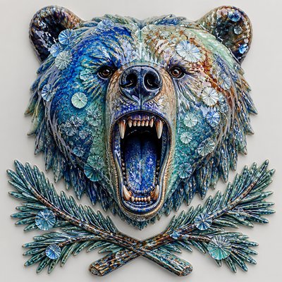 a roaring bear head above crossed pine branches, bold graphic composition on a plain background, no text
