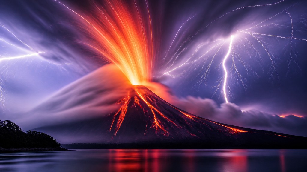 an erupting volcano with lightning strikes, dramatic wide composition, no text