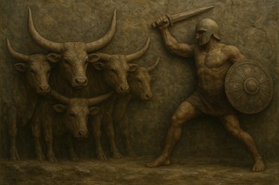a painting of a man with a sword and shield in front of a herd of