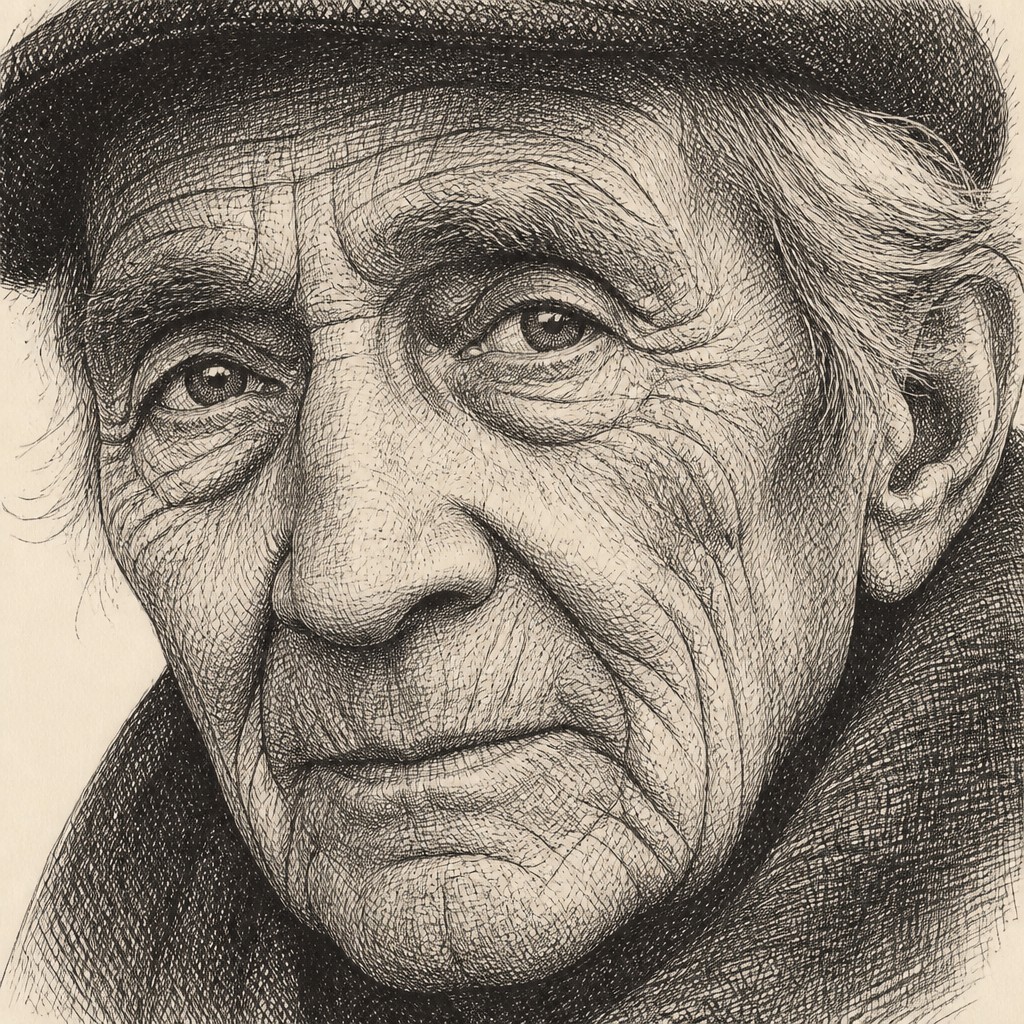 close-up portrait of an elderly person with expressive weathered features — Cross-Hatching Drawing Style