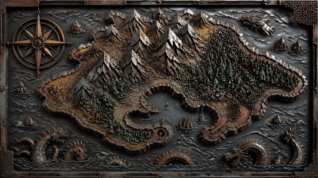 a map of an island realm with mountains, forests, a sheltered bay, sea monsters in the water and a compass rose, no text labels