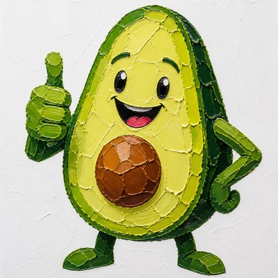 a happy avocado character giving a thumbs up, bold readable design on a plain background, no text