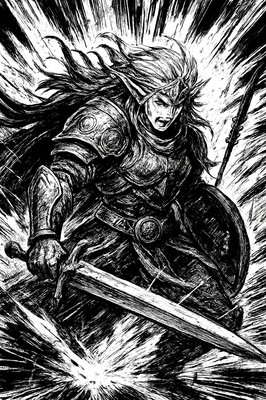 a black and white drawing of a woman holding a sword