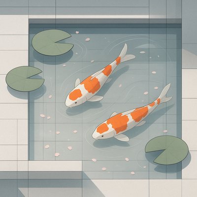 A koi pond seen from above, orange and white koi fish swimming among lily pads, clear water with subtle ripples, fallen cherry blossom petals floating on the surface, dappled sunlight