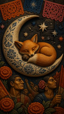a sleeping baby fox curled on a crescent moon among soft stars, gentle and warm, no text