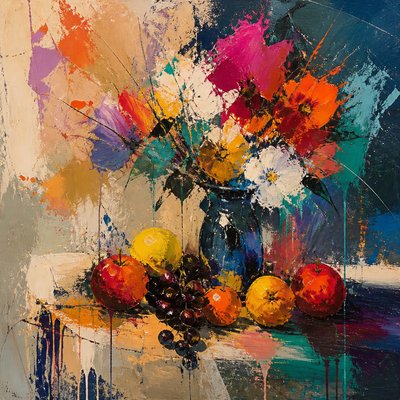 still life arrangement of fruits and flowers