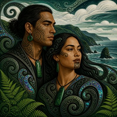 portrait of two people together — New Zealand Art Style