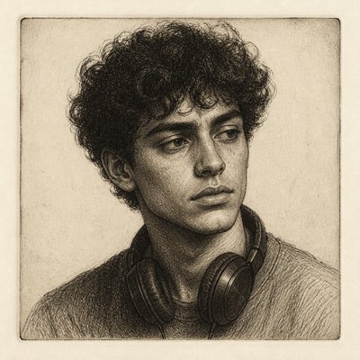 head-and-shoulders portrait of an original character: a young man with curly dark hair and headphones around his neck, plain backdrop, no text