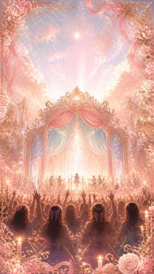 a live music scene with a glowing stage and silhouetted crowd, energetic vertical composition with open space at the top, no text