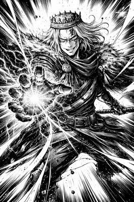 a black and white drawing of a man with a sword