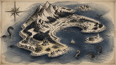 a map of an island realm with mountains, forests, a sheltered bay, sea monsters in the water and a compass rose, no text labels