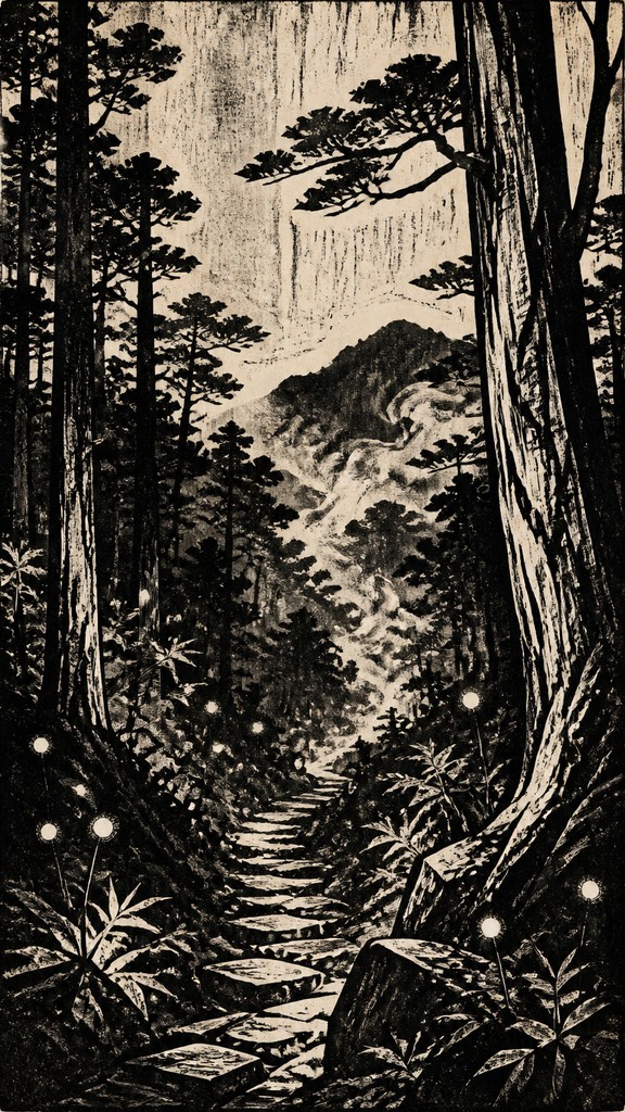 a mysterious forest path with fireflies and drifting mist, atmospheric vertical composition with open space at the top, no text