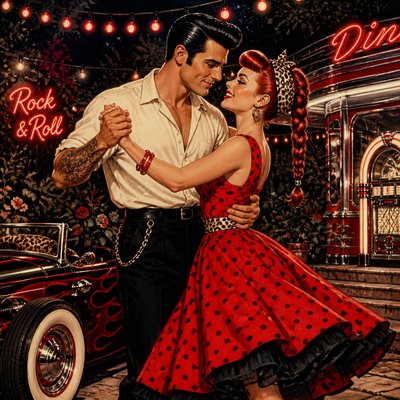 an original couple dancing under string lights in a garden at dusk: a man with short black hair in a linen shirt and a woman with braided red hair in a summer dress