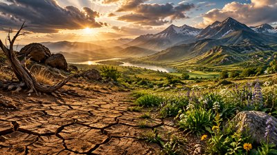 Create a breathtaking, cinematic, photorealistic biblical landscape representing “God specialises in restoring lost years.” Show a once-barren wilderness transforming into a flourishing garden. The foreground features dry, cracked earth and a few weathered rocks, gradually transitioning into rich green grass, delicate wildflowers, and vibrant new growth stretching into the distance. In the background, majestic mountains rise beneath dramatic clouds as warm golden rays of sunlight break through the sky, illuminating the restored landscape with a sense of divine hope, renewal, and God’s faithfulness. The atmosphere should feel deeply spiritual, peaceful, powerful, and full of promise, symbolising how God can restore what has been lost and bring new life after seasons of hardship. Use rich earthy browns, deep forest greens, muted gold, and soft heavenly light. Professional cinematic colour grading, realistic natural textures, dramatic lighting, beautiful depth, elegant composition suitable for a Christian church sermon presentation. Wide 16:9 landscape format. NO TEXT, NO LETTERING, NO WATERMARKS, NO PEOPLE, NO BUILDINGS.