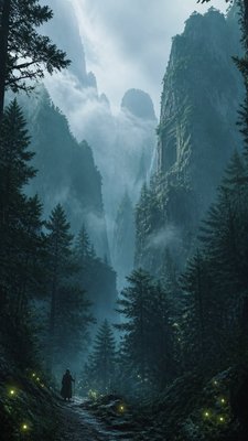 a mysterious forest path with fireflies and drifting mist, atmospheric vertical composition with open space at the top, no text