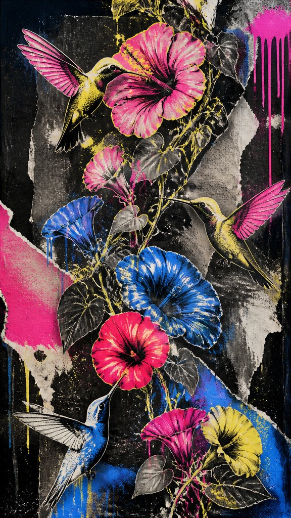 a climbing vine of flowers and hummingbirds on a dark background, tall wrapping composition, no text