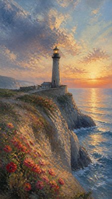 a lone lighthouse on a cliff at dusk under a dramatic sky, no text or lettering